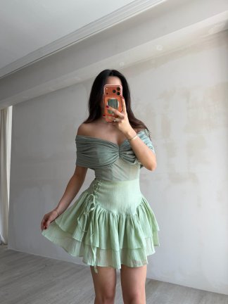 LADY Transparan Detaylı Mini Elbise 4021 - Mint - 3