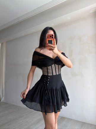 LADY Transparan Detaylı Mini Elbise 4021 - Siyah - 2