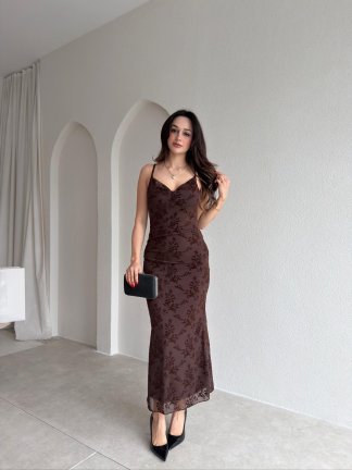 LANDES Midi Elbise 9030 - Acı Kahve - 1