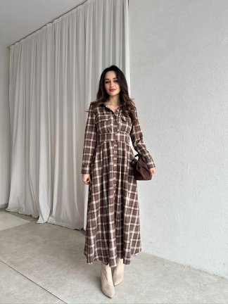 LAUDER Ekose Midi Elbise 8788 - Kahverengi - 3