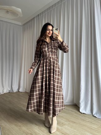 LAUDER Ekose Midi Elbise 8788 - Kahverengi - 2