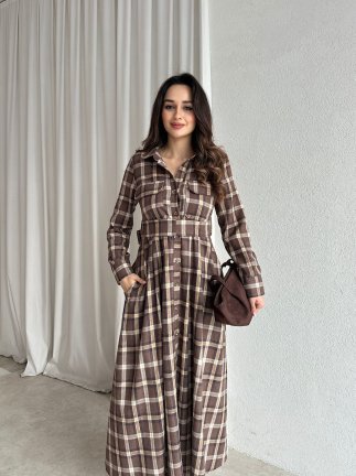 LAUDER Ekose Midi Elbise 8788 - Kahverengi - 1