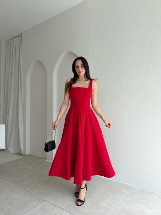 LAVOİR Kuşaklı Midi Elbise 5480 - Kırmızı - 1