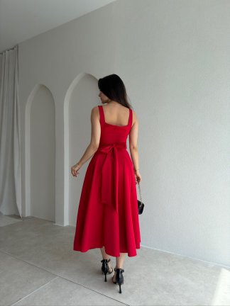 LAVOİR Kuşaklı Midi Elbise 5480 - Kırmızı - 3