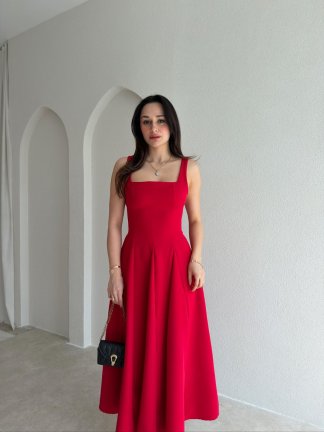 LAVOİR Kuşaklı Midi Elbise 5480 - Kırmızı - 2