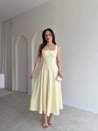 LAVOİR Kuşaklı Midi Elbise 5480 - Sarı 