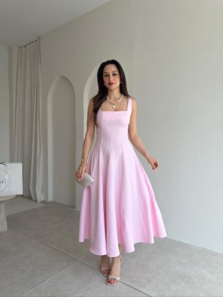 LAVOİR Kuşaklı Midi Elbise 5480 - Pembe 