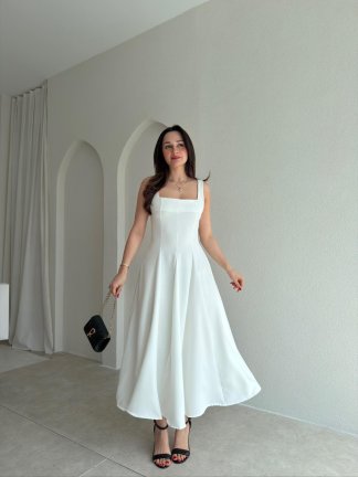 LAVOİR Kuşaklı Midi Elbise 5480 - Beyaz 