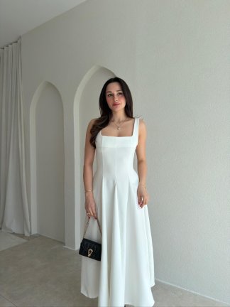 LAVOİR Kuşaklı Midi Elbise 5480 - Beyaz - 2