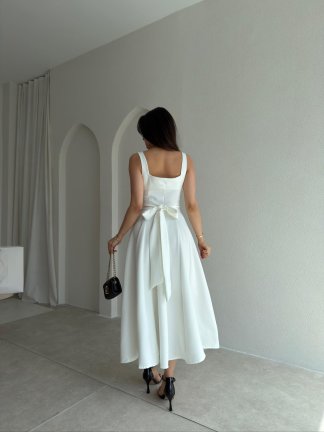 LAVOİR Kuşaklı Midi Elbise 5480 - Beyaz - 3