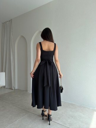 LAVOİR Kuşaklı Midi Elbise 5480 - Siyah - 3