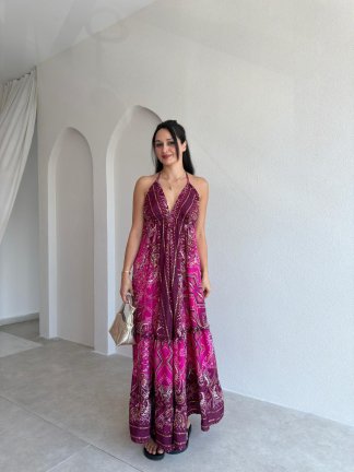 LAYLA Desenli Maxi Elbise 3722 - Fuşya - 2