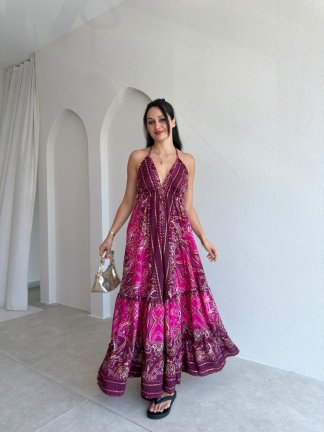 LAYLA Desenli Maxi Elbise 3722 - Fuşya - 1