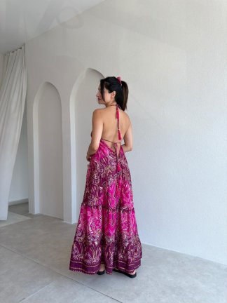 LAYLA Desenli Maxi Elbise 3722 - Fuşya - 3