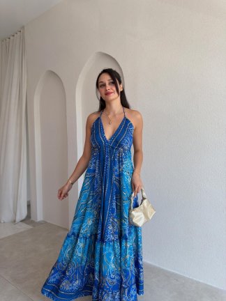 LAYLA Desenli Maxi Elbise 3722 - Mavi - 2