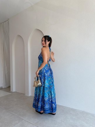 LAYLA Desenli Maxi Elbise 3722 - Mavi - 3