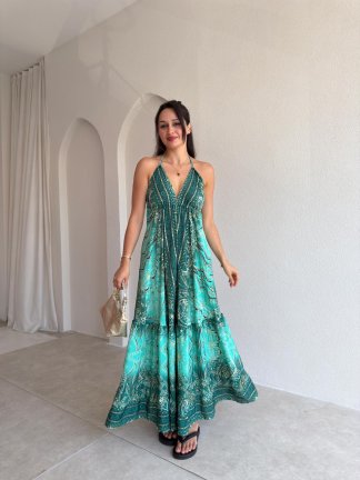 LAYLA Desenli Maxi Elbise 3722 - Yeşil 