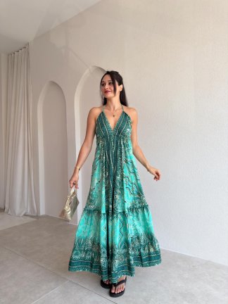 LAYLA Desenli Maxi Elbise 3722 - Yeşil - 2