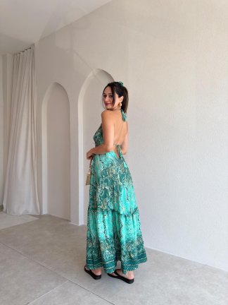 LAYLA Desenli Maxi Elbise 3722 - Yeşil - 3