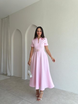 LEAVES Midi Elbise 3654 - Pembe 