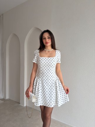 LESTER Puantiyeli Mini Elbise 2984 - Beyaz - 2