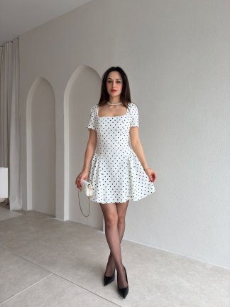 LESTER Puantiyeli Mini Elbise 2984 - Beyaz - 1