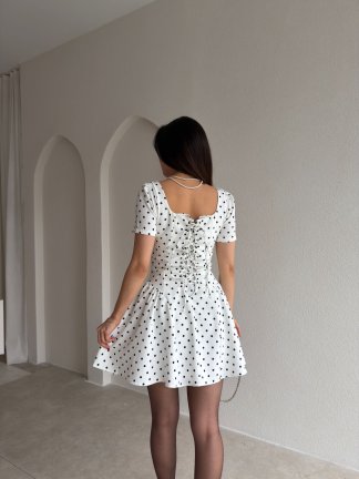 LESTER Puantiyeli Mini Elbise 2984 - Beyaz - 3