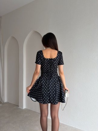 LESTER Puantiyeli Mini Elbise 2984 - Siyah - 3