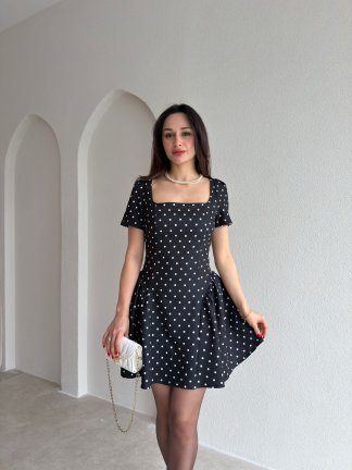 LESTER Puantiyeli Mini Elbise 2984 - Siyah - 2