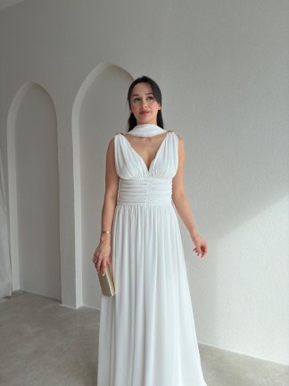 LEVANTE Şallı Maxi Elbise 8997 - Beyaz - 2