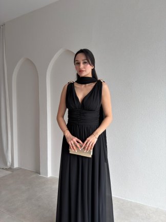 LEVANTE Şallı Maxi Elbise 8997 - Siyah - 2