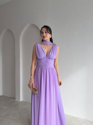 LEVANTE Şallı Maxi Elbise 8997 - Lila - 2