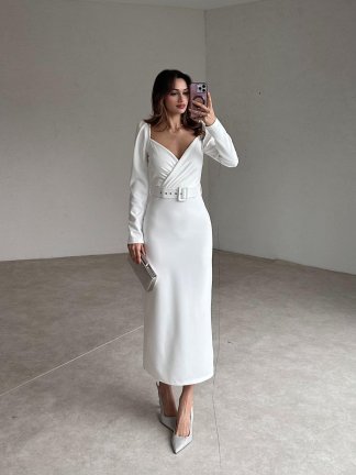 LİLLİAN Midi Elbise 8349 - Beyaz - 2