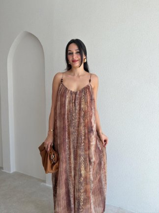 LİLYUM Desenli Midi Elbise 7436 - Kahverengi - 2