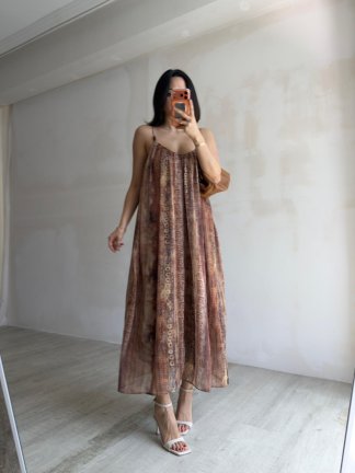 LİLYUM Desenli Midi Elbise 7436 - Kahverengi - 3