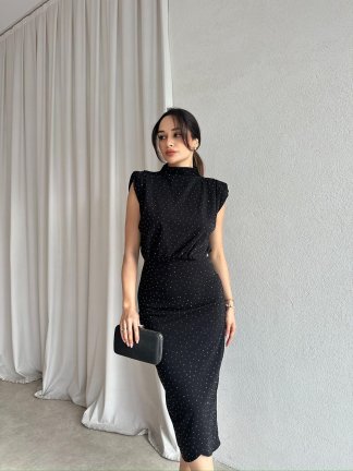 LİNCOLN Taşlı Midi Elbise 8683 - Siyah - 1