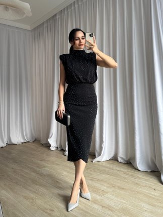 LİNCOLN Taşlı Midi Elbise 8683 - Siyah - 2