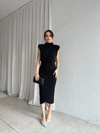 LİNCOLN Taşlı Midi Elbise 8683 - Siyah - 4