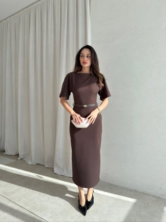 LİNEN Elbise 8822 - Acı Kahve 