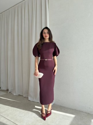 LİNEN Elbise 8822 - Mürdüm - 1