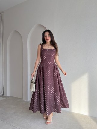 LİVA Puantiyeli Midi Elbise 8980 - Acı Kahve 