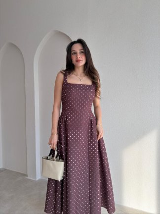 LİVA Puantiyeli Midi Elbise 8980 - Acı Kahve - 1