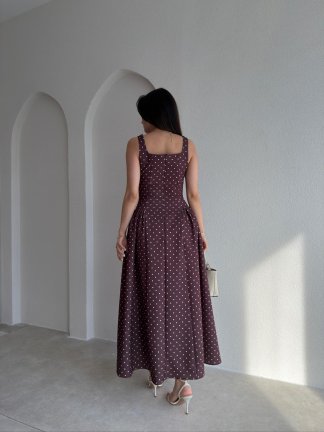 LİVA Puantiyeli Midi Elbise 8980 - Acı Kahve - 3