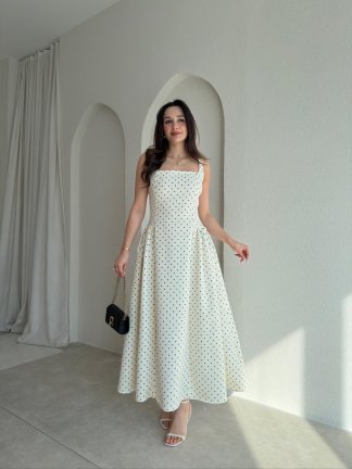 LİVA Puantiyeli Midi Elbise 8980 - Krem - 1