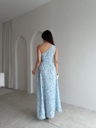 LİZARD Çiçekli Tek Omuz Maxi Elbise 9040 - Mavi - 3