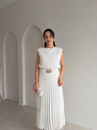 LOCAL Kemerli Midi Elbise 8981 - Beyaz 