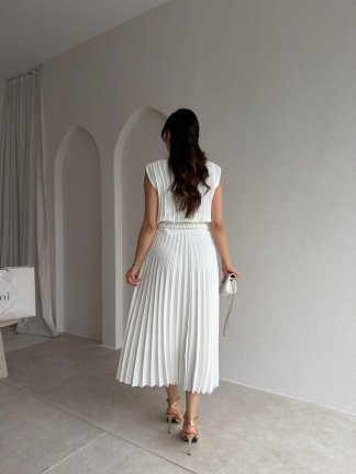 LOCAL Kemerli Midi Elbise 8981 - Beyaz - 3