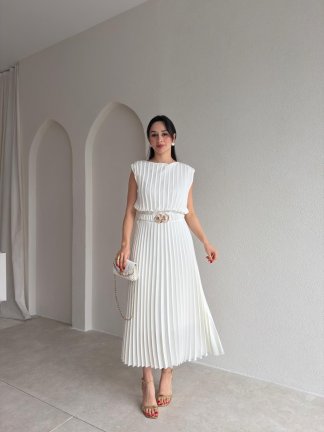 LOCAL Kemerli Midi Elbise 8981 - Beyaz - 2