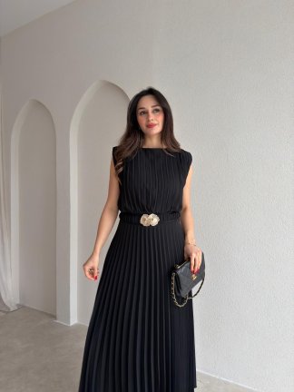 LOCAL Kemerli Midi Elbise 8981 - Siyah - 1