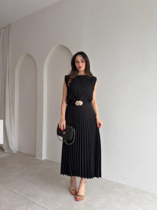 LOCAL Kemerli Midi Elbise 8981 - Siyah - 2